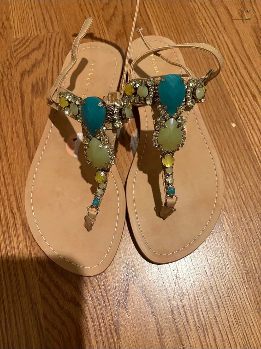 Ivanka trump Beaded T-Strap Flat Sandals - Turquoise & Lime